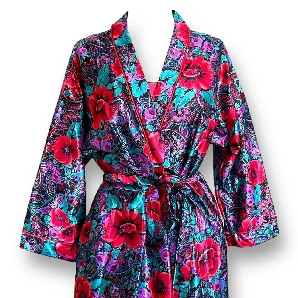 Vintage 1980s Lorraine Robe Nightgown Peignoir Set S M Red Purple Floral Paisley